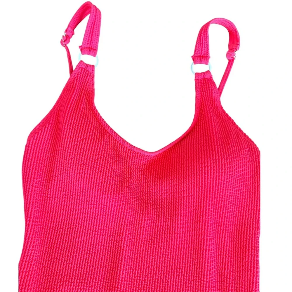 Bikini Bliss Women Hot Pink Crinkle Textured One Piece Swimsuit Size L High Cut